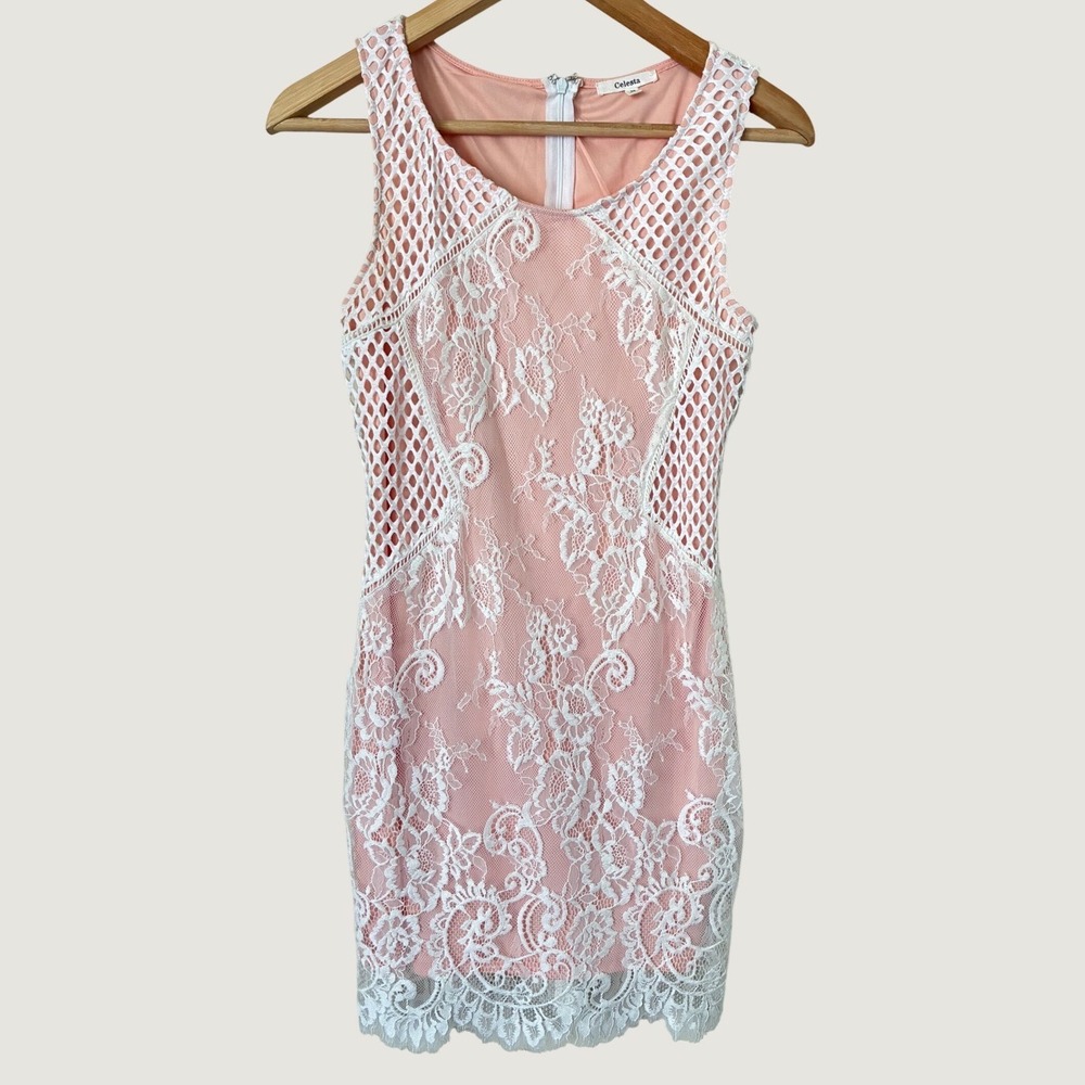 Celesta Pink White Lace Mesh Sheath Mini Dress Womens Medium  Feminine Party